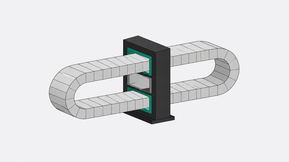 Abstract illustration of a recurrent AI architecture shown as a single looping band of identical segments passing repeatedly through one processing gate instead of a tall stack of distinct layers.