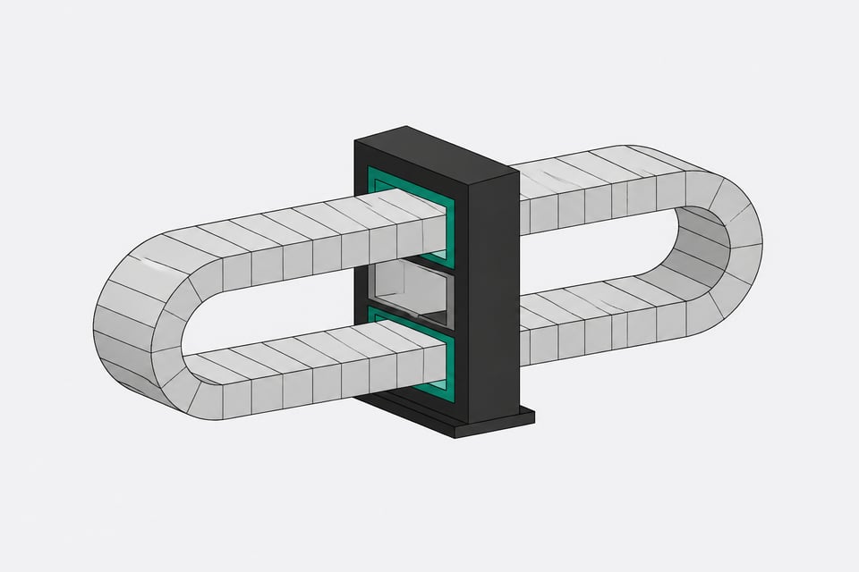 Abstract illustration of a recurrent AI architecture shown as a single looping band of identical segments passing repeatedly through one processing gate instead of a tall stack of distinct layers.