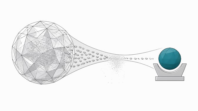 A large intricately faceted sphere feeds tokens through a narrowing funnel into a much smaller, simpler sphere, illustrating a frontier model being distilled into a compact one.