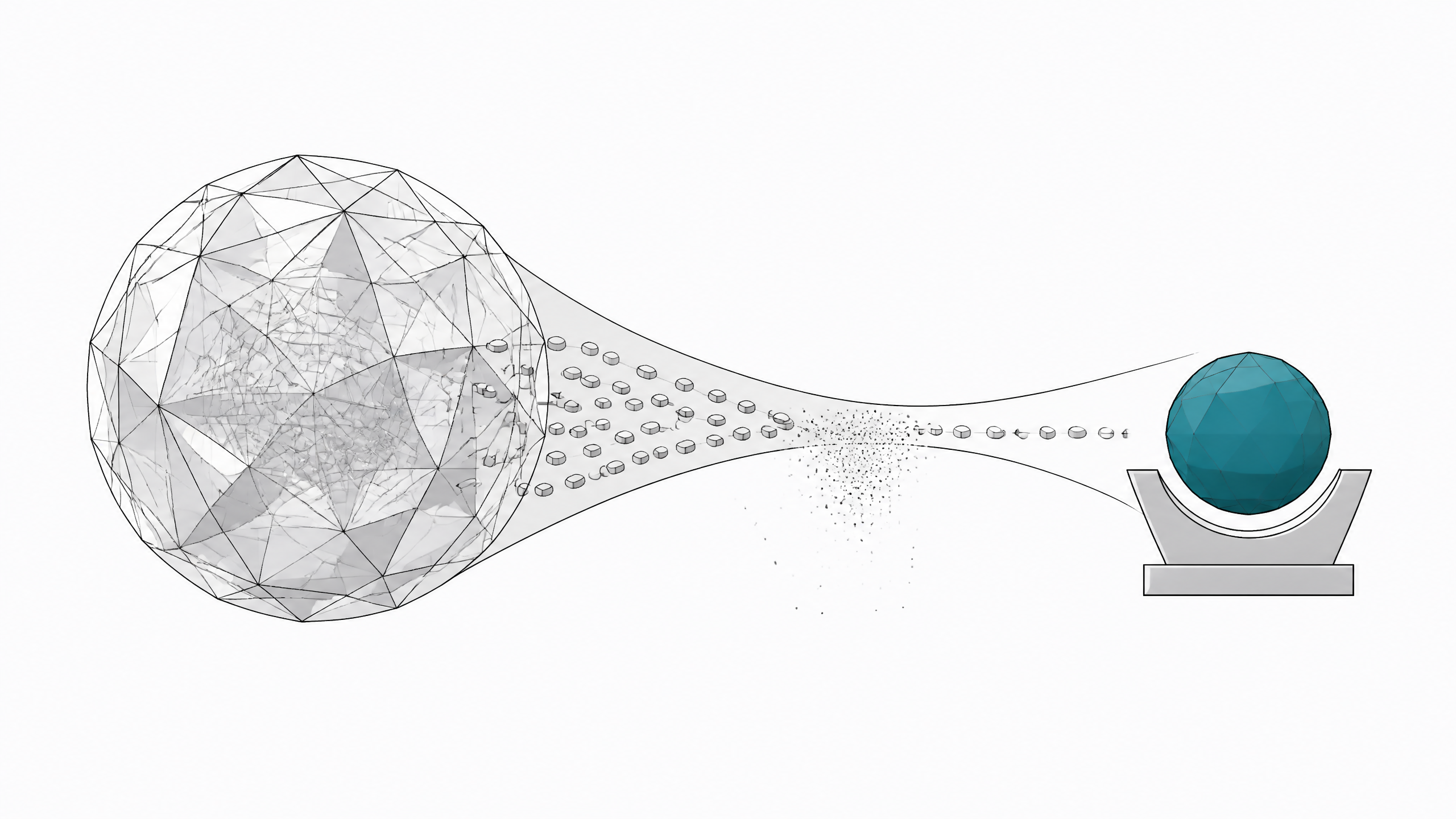 A large intricately faceted sphere feeds tokens through a narrowing funnel into a much smaller, simpler sphere, illustrating a frontier model being distilled into a compact one.