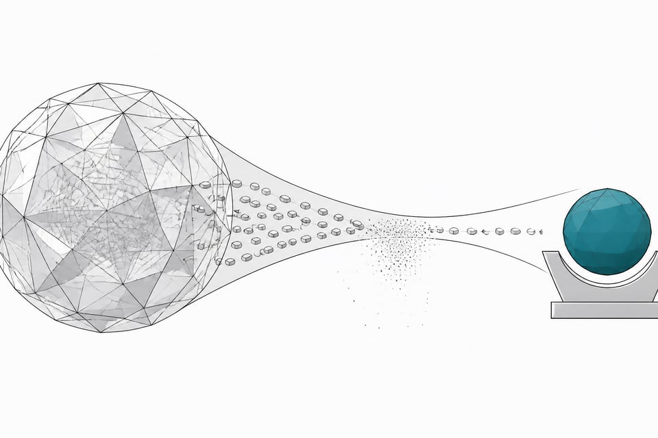 A large intricately faceted sphere feeds tokens through a narrowing funnel into a much smaller, simpler sphere, illustrating a frontier model being distilled into a compact one.
