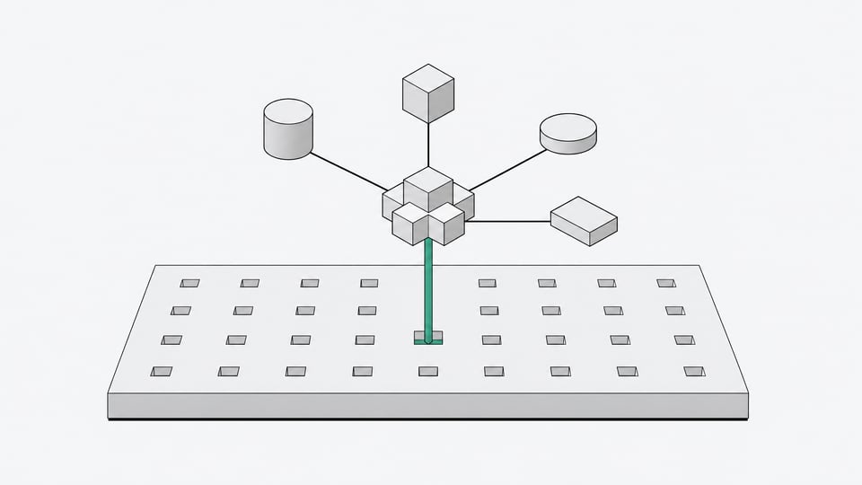 Diagram-like illustration of an operating system base layer with a built-in agent module routing through one active socket to several external tool blocks, while other sockets on the OS layer remain open.