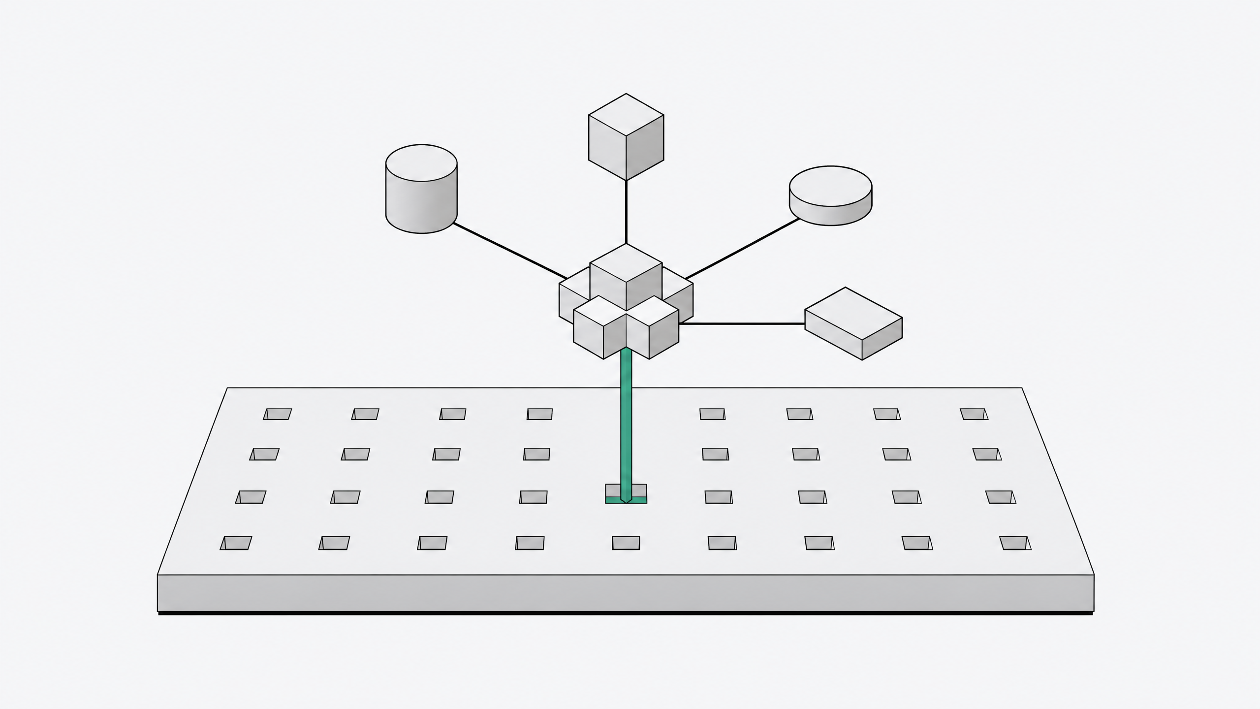 Diagram-like illustration of an operating system base layer with a built-in agent module routing through one active socket to several external tool blocks, while other sockets on the OS layer remain open.