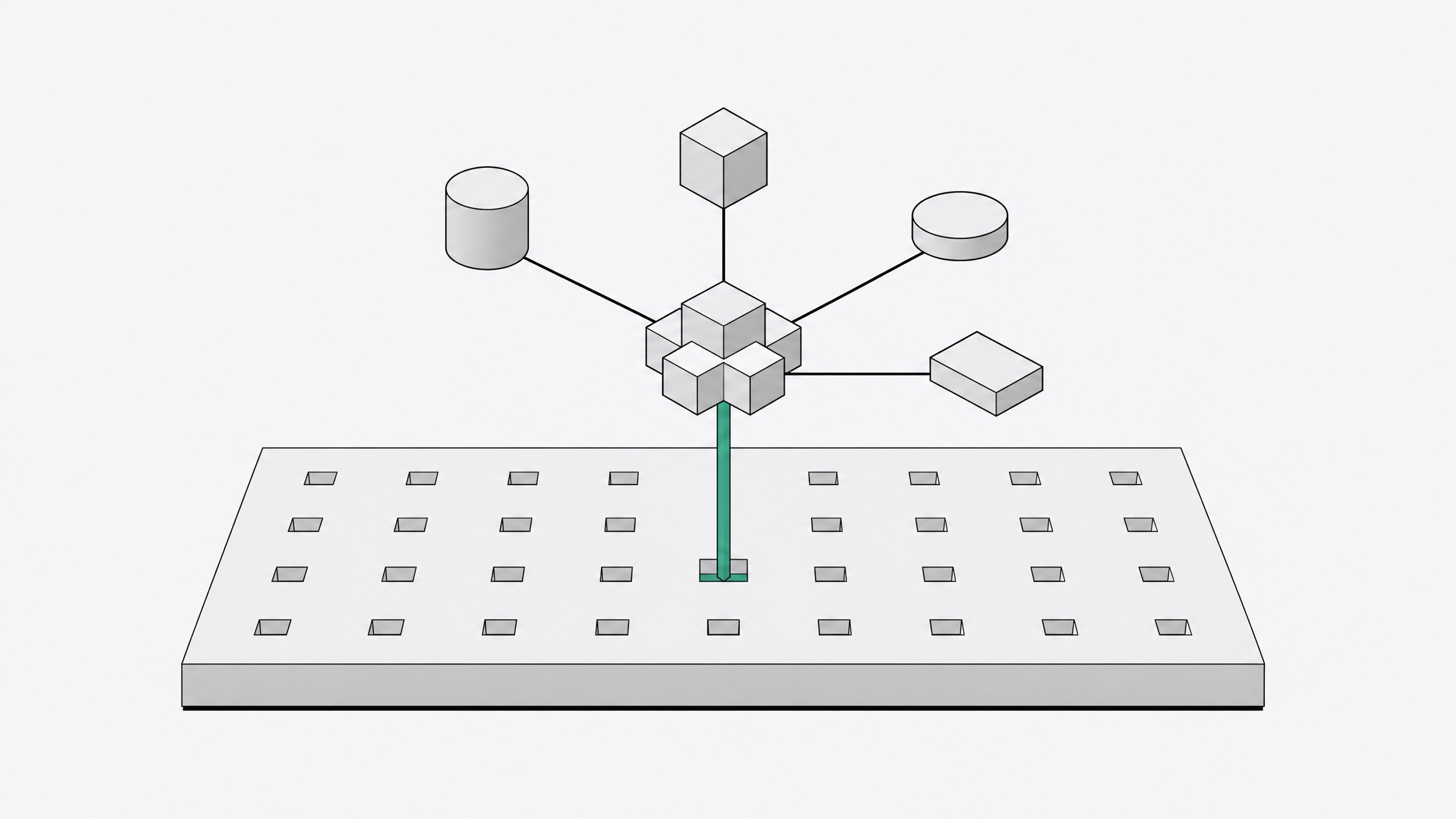 Diagram-like illustration of an operating system base layer with a built-in agent module routing through one active socket to several external tool blocks, while other sockets on the OS layer remain open.
