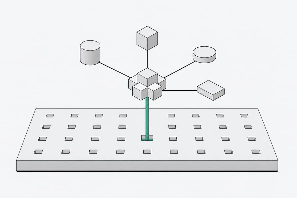 Diagram-like illustration of an operating system base layer with a built-in agent module routing through one active socket to several external tool blocks, while other sockets on the OS layer remain open.