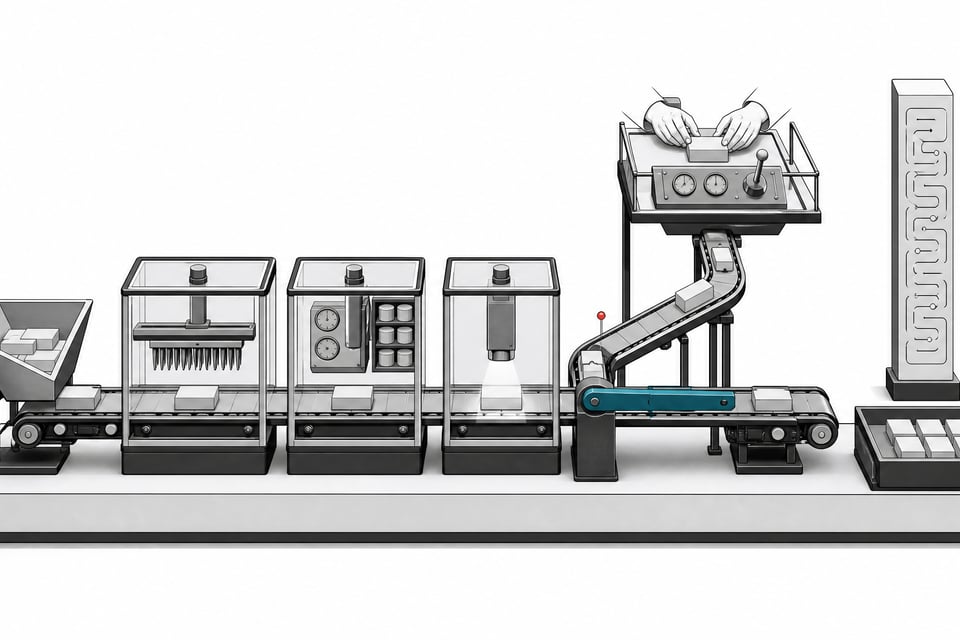 Cutaway diagram of an automated code-scanning and review pipeline with inspection chambers, a gated checkpoint, and a manual review platform.