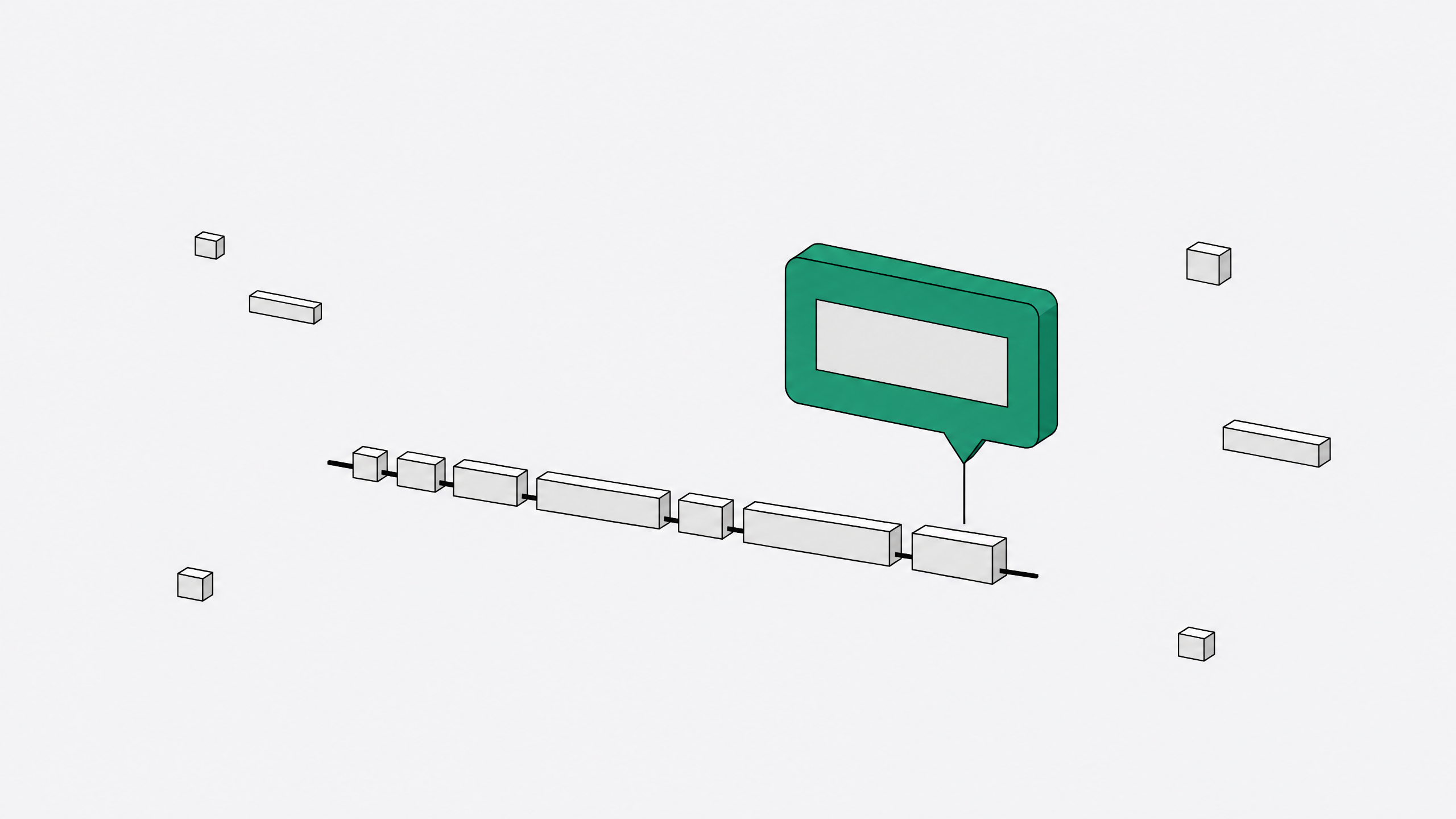 Abstract illustration of an AI code-completion suggestion hovering above a line of code blocks, representing AI-assisted programming.