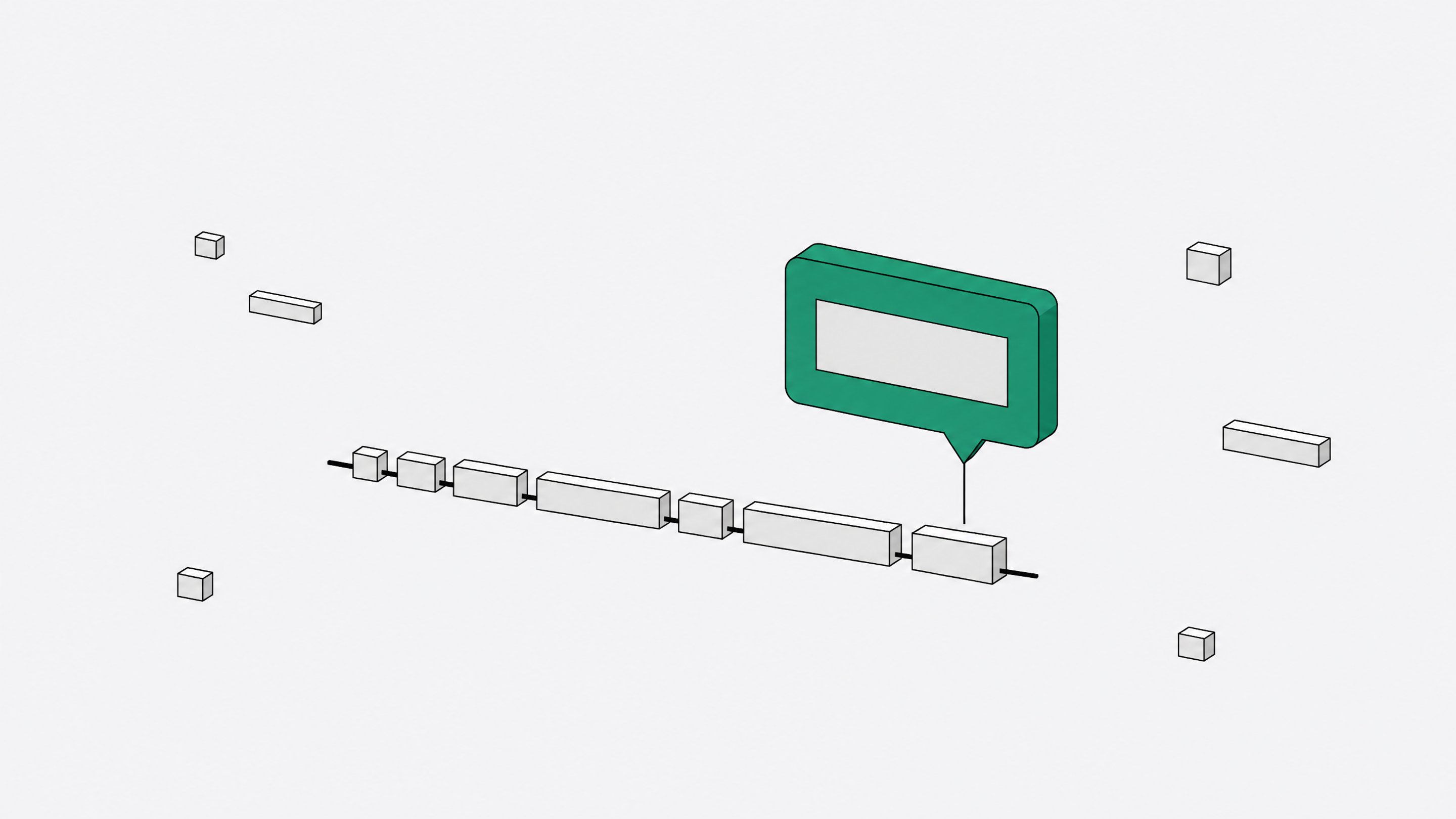 Abstract illustration of an AI code-completion suggestion hovering above a line of code blocks, representing AI-assisted programming.
