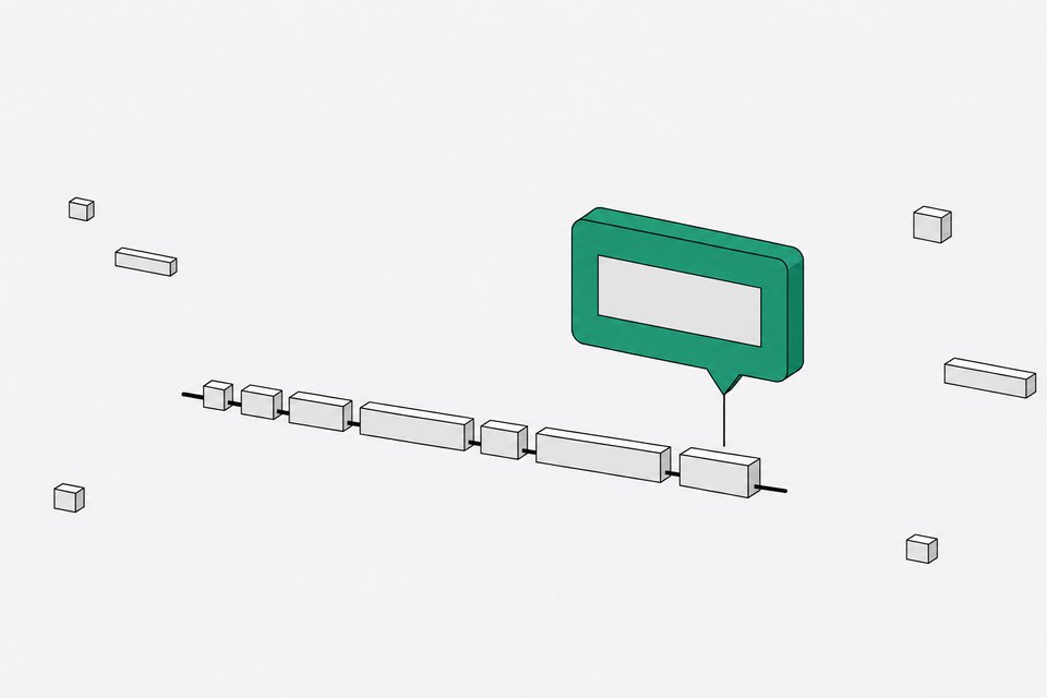 Abstract illustration of an AI code-completion suggestion hovering above a line of code blocks, representing AI-assisted programming.