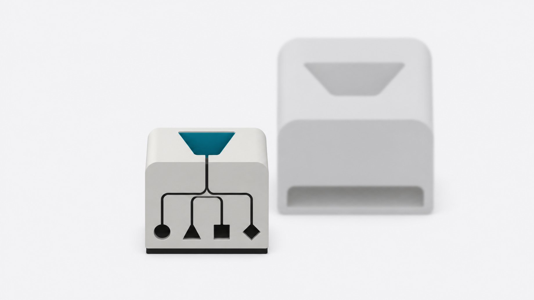 A small precise routing module with multiple distinct output ports, contrasted with a larger blurred module with one undifferentiated output, illustrating purpose-built decision models versus general-purpose language models.