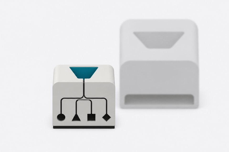 A small precise routing module with multiple distinct output ports, contrasted with a larger blurred module with one undifferentiated output, illustrating purpose-built decision models versus general-purpose language models.