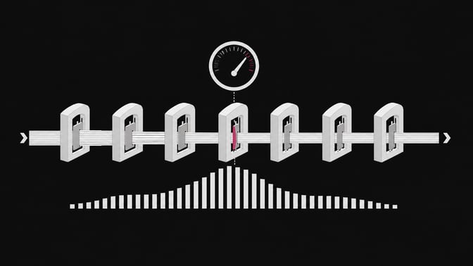 Overhead diagram of an API request stream passing through toll-like metering gates, with usage bars and a load meter showing congestion at the narrowest gate.