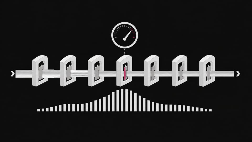 Overhead diagram of an API request stream passing through toll-like metering gates, with usage bars and a load meter showing congestion at the narrowest gate.