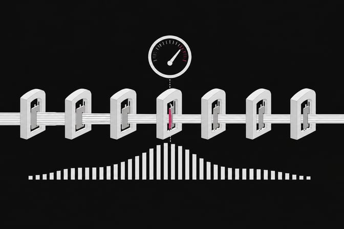 Overhead diagram of an API request stream passing through toll-like metering gates, with usage bars and a load meter showing congestion at the narrowest gate.
