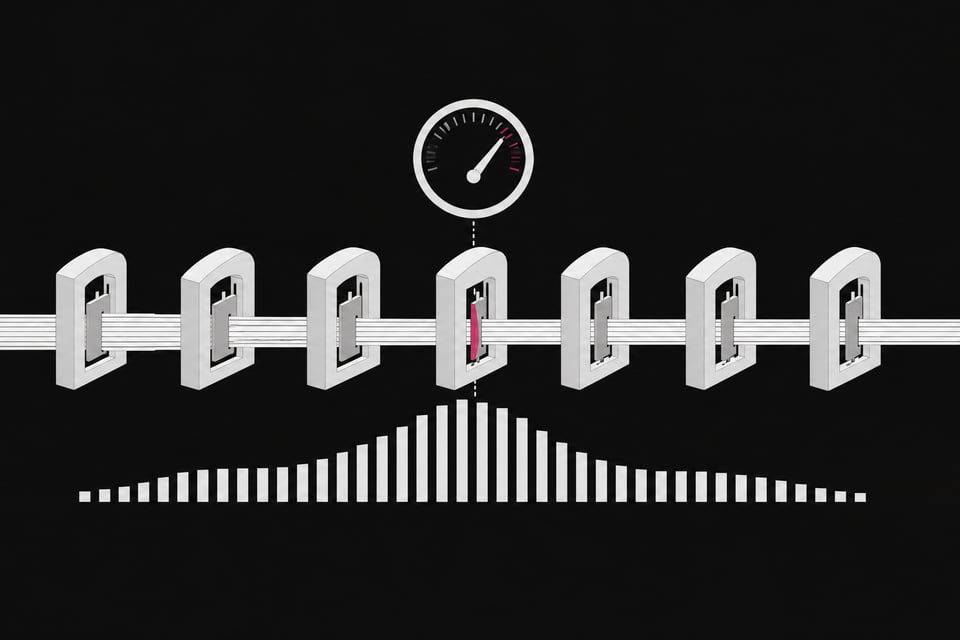 Overhead diagram of an API request stream passing through toll-like metering gates, with usage bars and a load meter showing congestion at the narrowest gate.