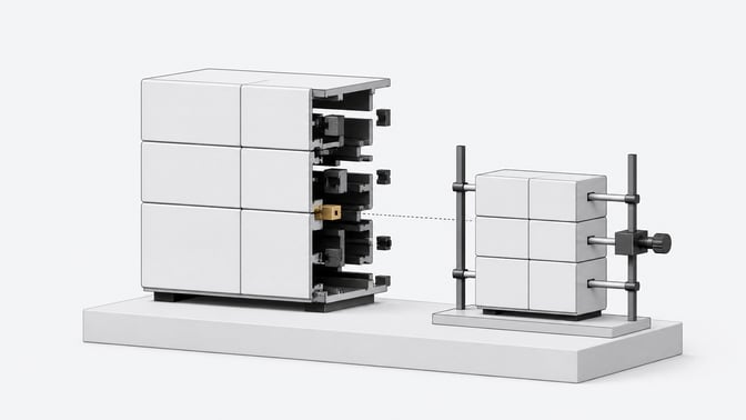 An internal software tool shown as neatly fitted panels from the front but with hidden misaligned joints revealed from behind, with a test rig probing the gap.