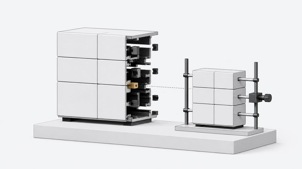 An internal software tool shown as neatly fitted panels from the front but with hidden misaligned joints revealed from behind, with a test rig probing the gap.