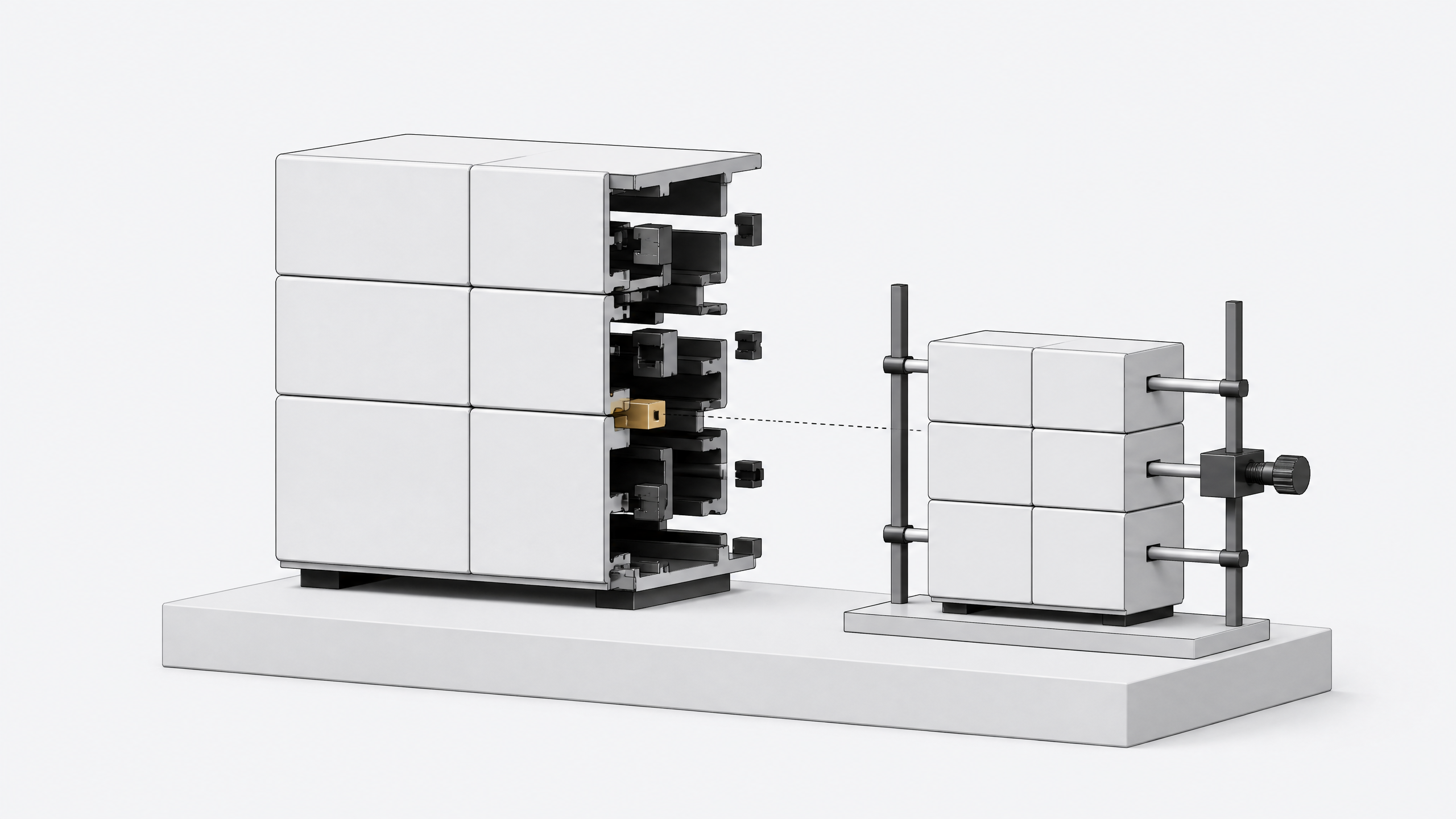 An internal software tool shown as neatly fitted panels from the front but with hidden misaligned joints revealed from behind, with a test rig probing the gap.