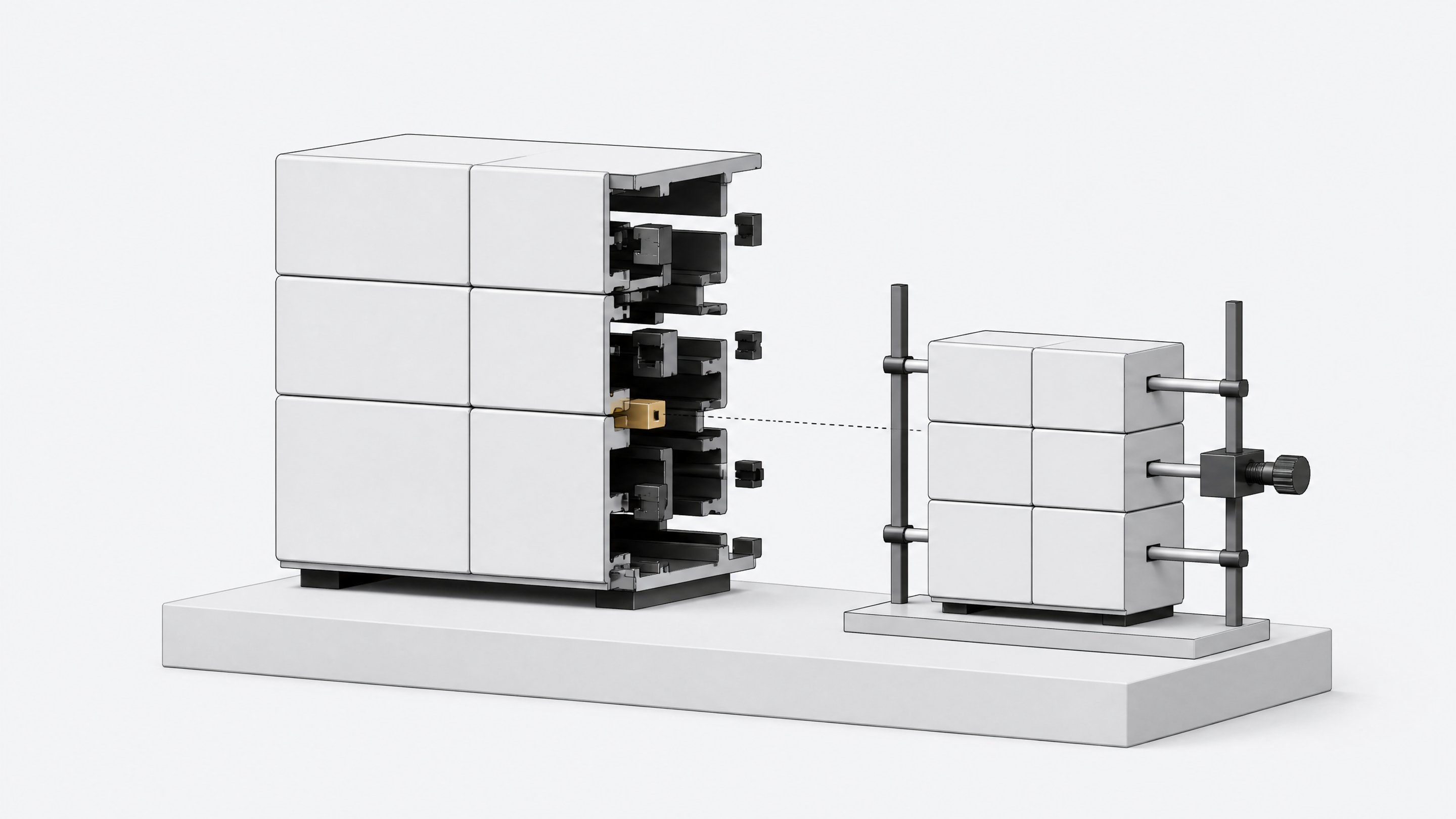 An internal software tool shown as neatly fitted panels from the front but with hidden misaligned joints revealed from behind, with a test rig probing the gap.