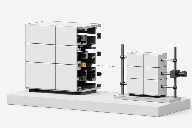 An internal software tool shown as neatly fitted panels from the front but with hidden misaligned joints revealed from behind, with a test rig probing the gap.
