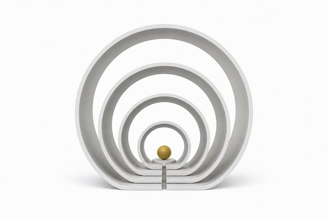 Illustration of nested transparent shells representing layered API markups, with a single accent-colored sphere at the core connected by one continuous channel through all the layers.