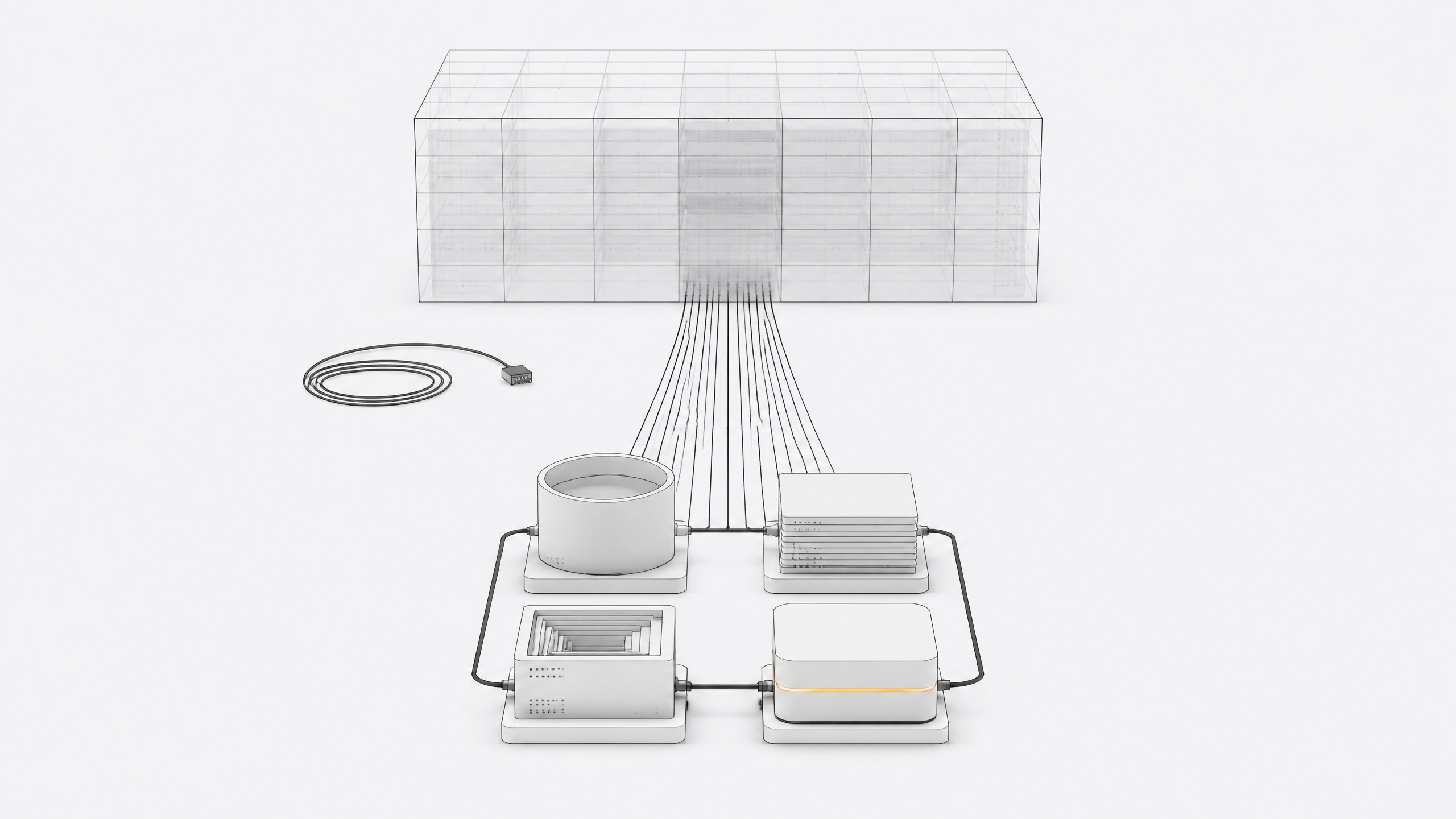 A distant abstract data-center block sits disconnected from a compact local cluster of four unlabeled service modules linked in a closed loop on a table, illustrating locally emulated cloud services.