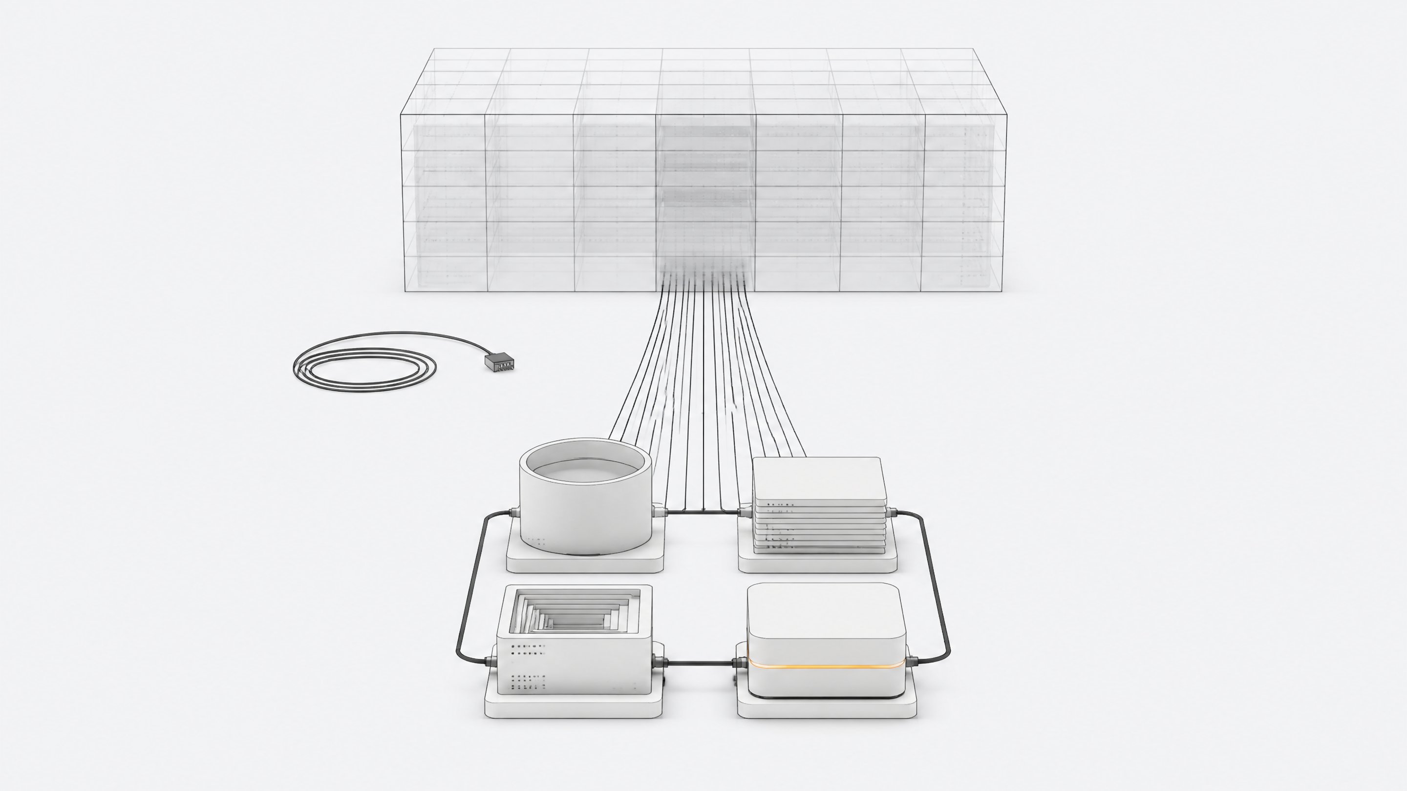 A distant abstract data-center block sits disconnected from a compact local cluster of four unlabeled service modules linked in a closed loop on a table, illustrating locally emulated cloud services.