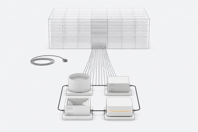 A distant abstract data-center block sits disconnected from a compact local cluster of four unlabeled service modules linked in a closed loop on a table, illustrating locally emulated cloud services.