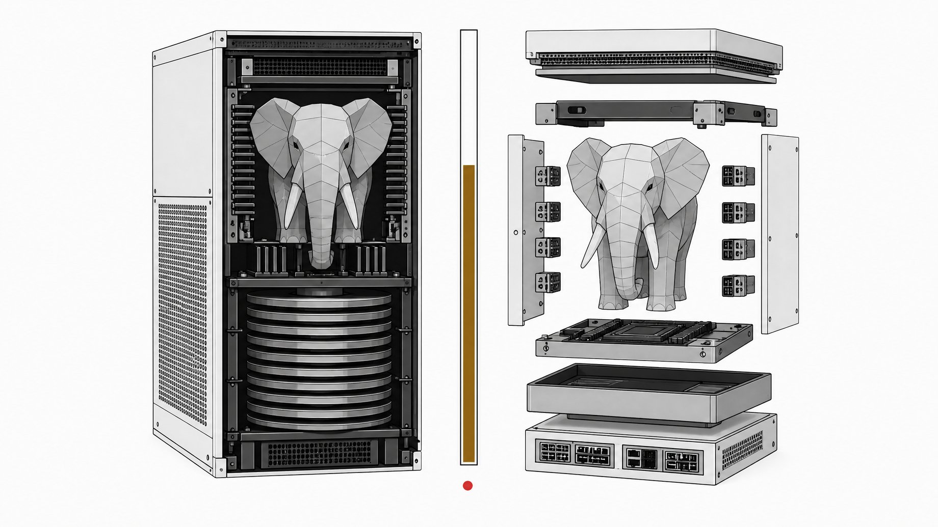 A cutaway comparison of two identical database server cores, one in a dense self-hosted rack enclosure and one wrapped in modular cloud-service connector blocks, with a single accent-colored gauge marking the difference between them.
