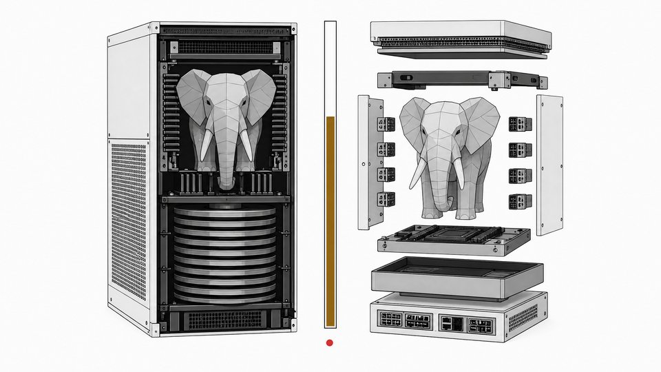 A cutaway comparison of two identical database server cores, one in a dense self-hosted rack enclosure and one wrapped in modular cloud-service connector blocks, with a single accent-colored gauge marking the difference between them.