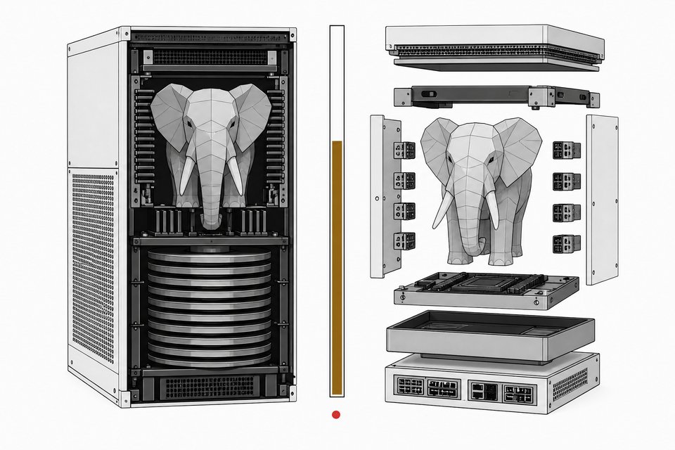 A cutaway comparison of two identical database server cores, one in a dense self-hosted rack enclosure and one wrapped in modular cloud-service connector blocks, with a single accent-colored gauge marking the difference between them.