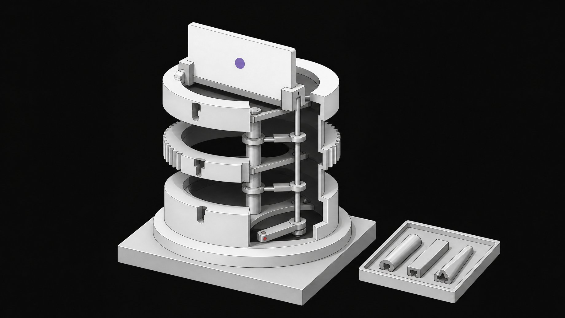 A cutaway diagram of a modular, stacked nameplate assembly showing three separately keyed rings that can each independently release the top plate representing a domain name.