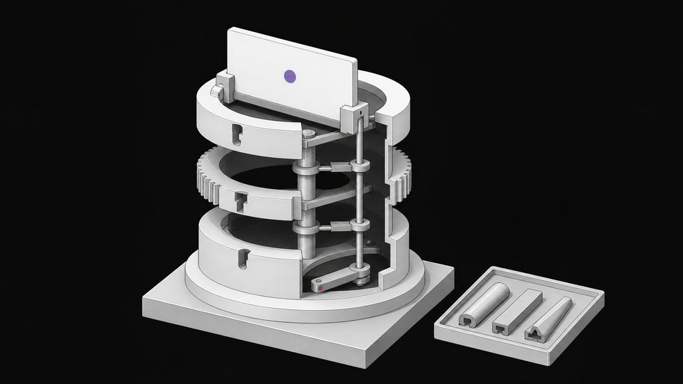A cutaway diagram of a modular, stacked nameplate assembly showing three separately keyed rings that can each independently release the top plate representing a domain name.
