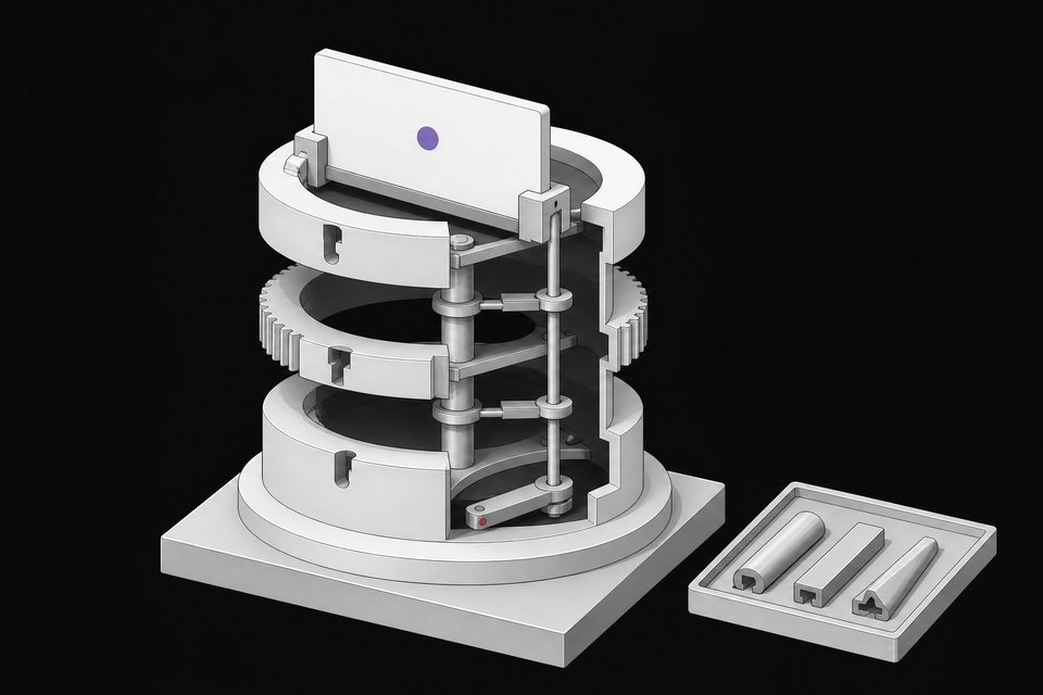 A cutaway diagram of a modular, stacked nameplate assembly showing three separately keyed rings that can each independently release the top plate representing a domain name.