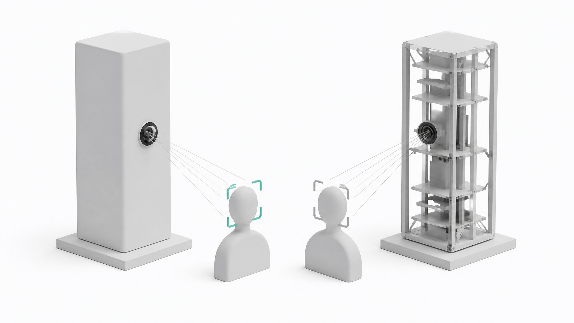 A sealed, unauditable facial-recognition module scanning a featureless silhouette stands opposite a matching open-framework version whose internal workings are fully visible, illustrating opaque versus inspectable recognition systems.