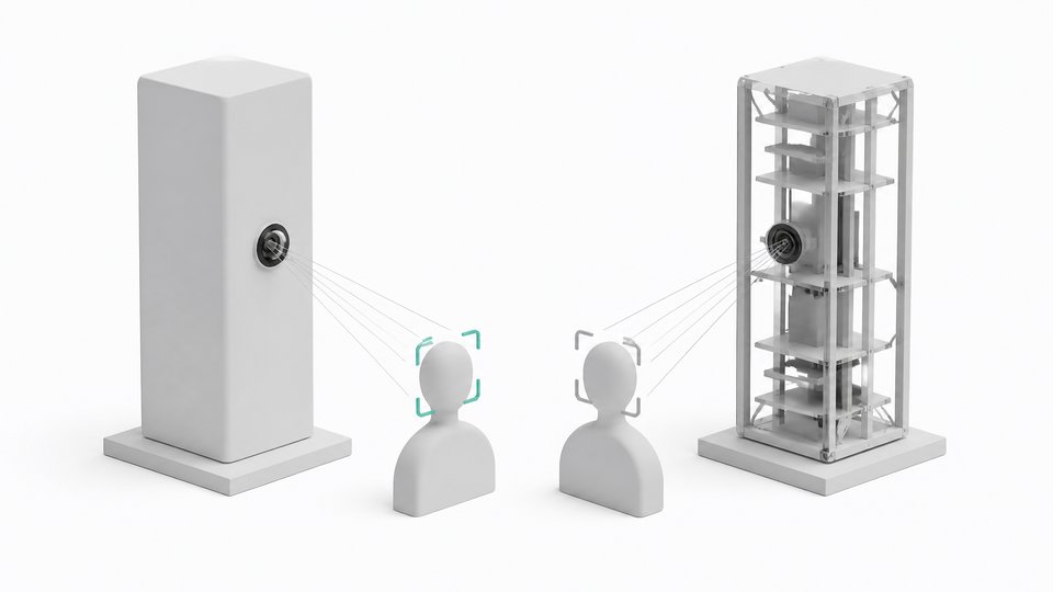 A sealed, unauditable facial-recognition module scanning a featureless silhouette stands opposite a matching open-framework version whose internal workings are fully visible, illustrating opaque versus inspectable recognition systems.