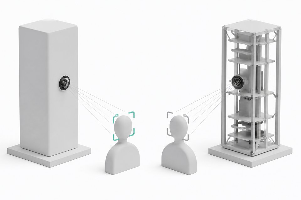 A sealed, unauditable facial-recognition module scanning a featureless silhouette stands opposite a matching open-framework version whose internal workings are fully visible, illustrating opaque versus inspectable recognition systems.