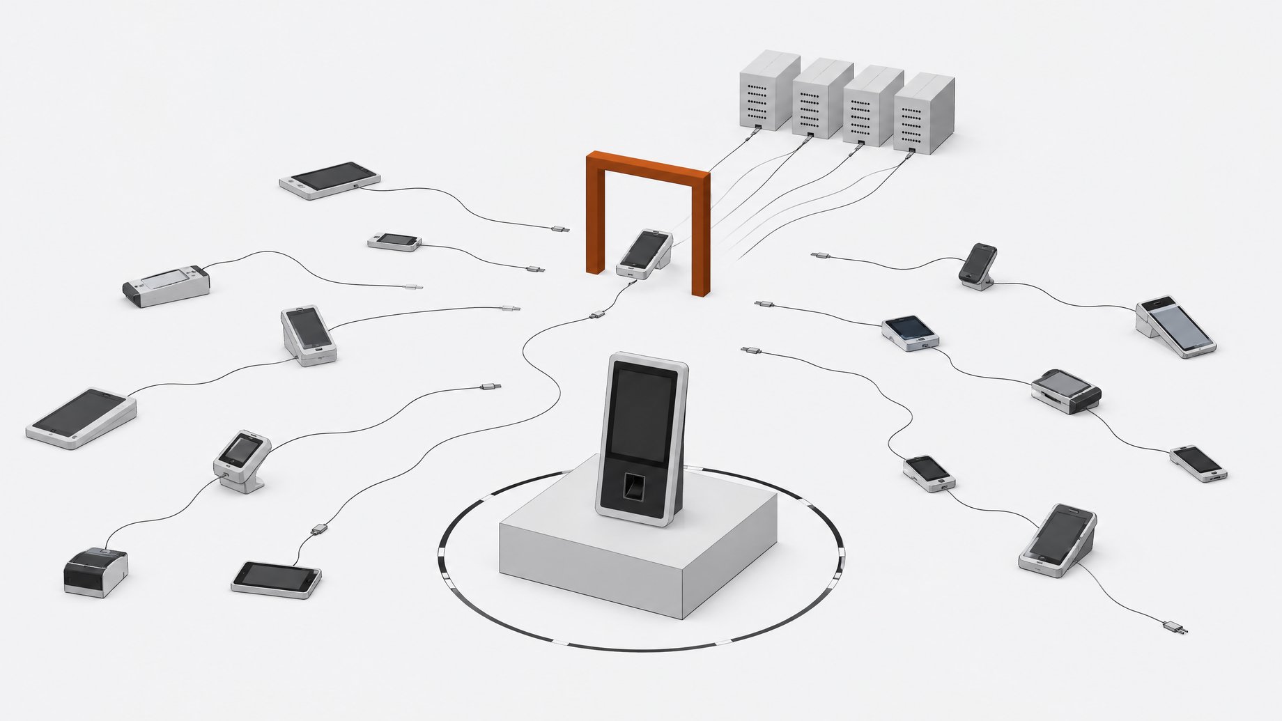A single sanctioned AI terminal stands centered on a plinth while many unmanaged personal AI devices scatter around it, funneling through one accent-colored checkpoint gate before reaching a cluster of backend servers.