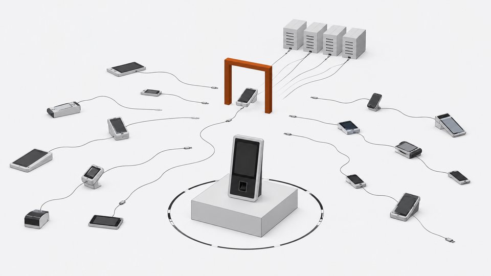 A single sanctioned AI terminal stands centered on a plinth while many unmanaged personal AI devices scatter around it, funneling through one accent-colored checkpoint gate before reaching a cluster of backend servers.