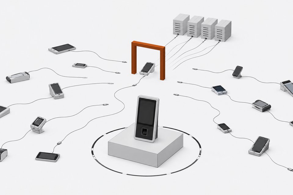 A single sanctioned AI terminal stands centered on a plinth while many unmanaged personal AI devices scatter around it, funneling through one accent-colored checkpoint gate before reaching a cluster of backend servers.