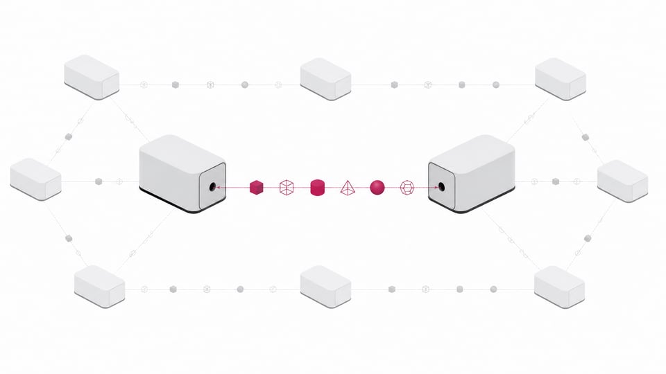 Two sealed device-like modules connected by a beam carrying a mix of opaque and transparent tokens, with a wider mesh of similar linked modules in the background, representing agent-to-agent communication that is sometimes visible and sometimes opaque.
