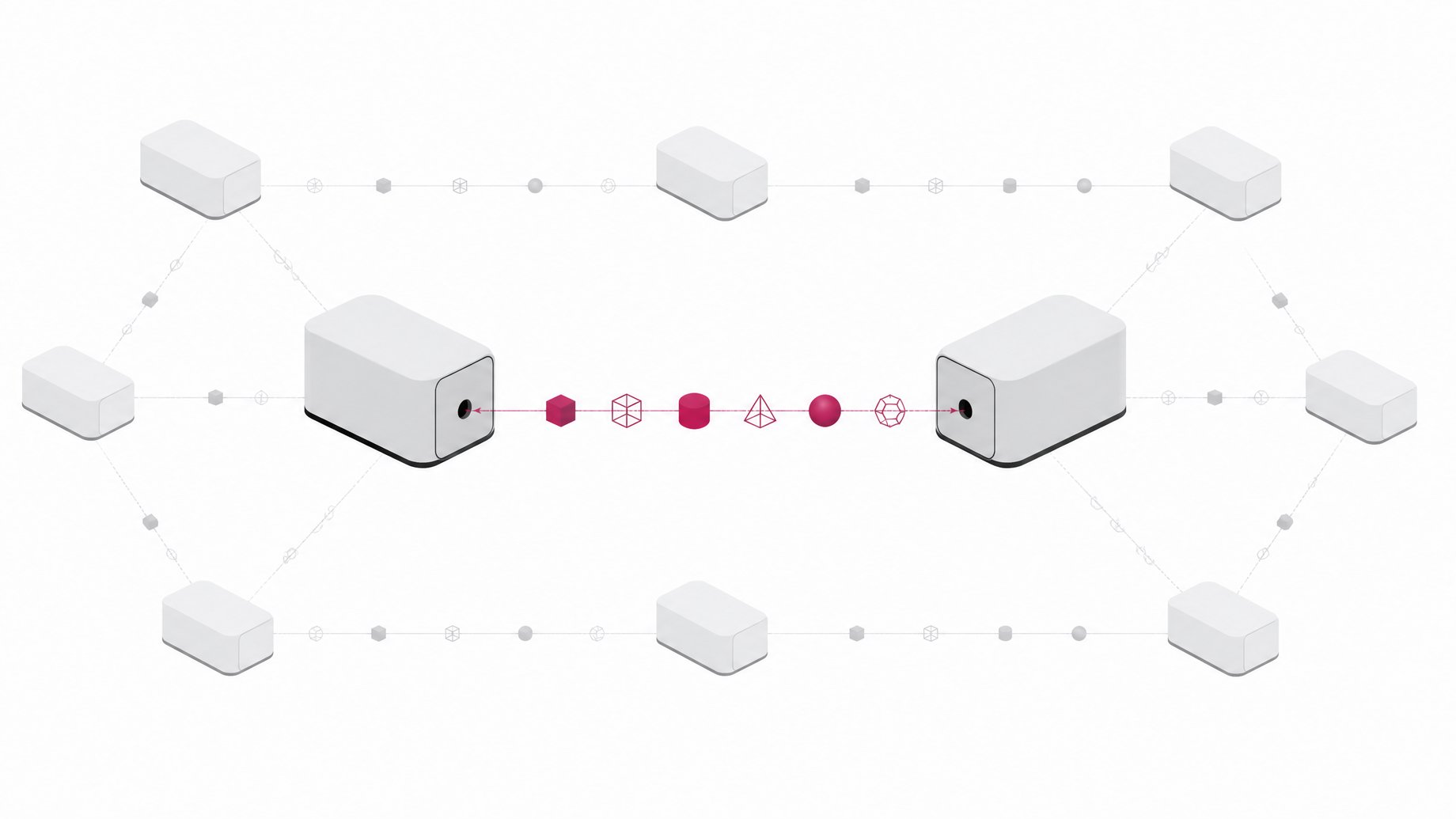 Two sealed device-like modules connected by a beam carrying a mix of opaque and transparent tokens, with a wider mesh of similar linked modules in the background, representing agent-to-agent communication that is sometimes visible and sometimes opaque.