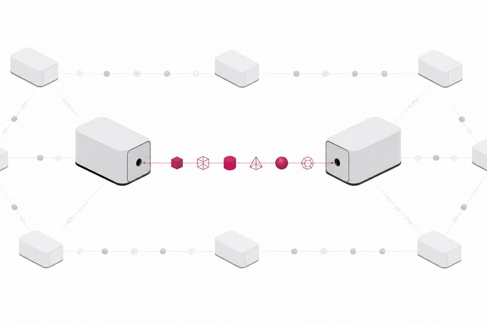 Two sealed device-like modules connected by a beam carrying a mix of opaque and transparent tokens, with a wider mesh of similar linked modules in the background, representing agent-to-agent communication that is sometimes visible and sometimes opaque.