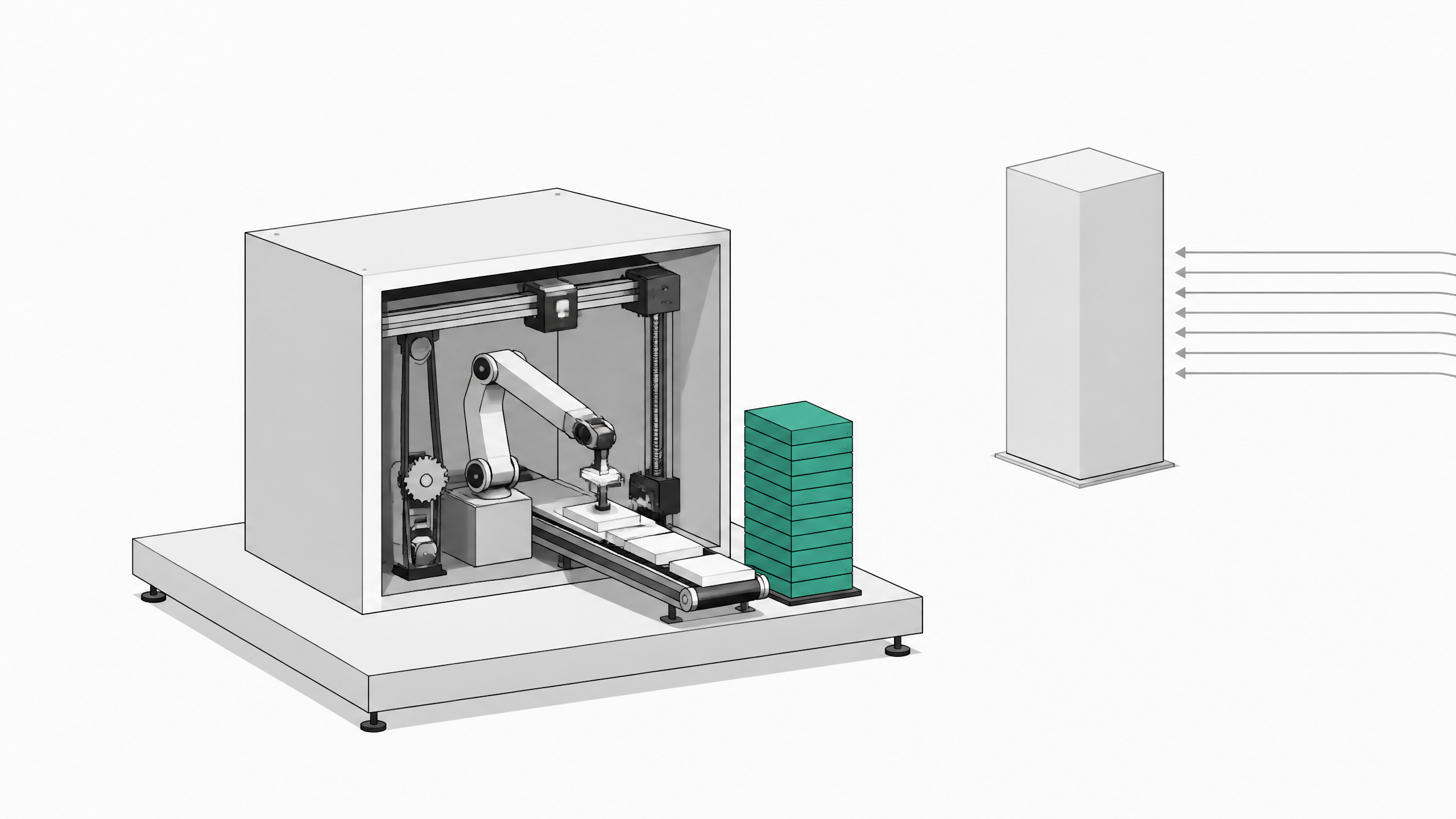 An open automated fabrication cell continuously assembling and stacking identical modules, contrasted with a distant sealed, seamless cabinet fed by an external pipe, illustrating autonomous software generation versus opaque subscription systems.