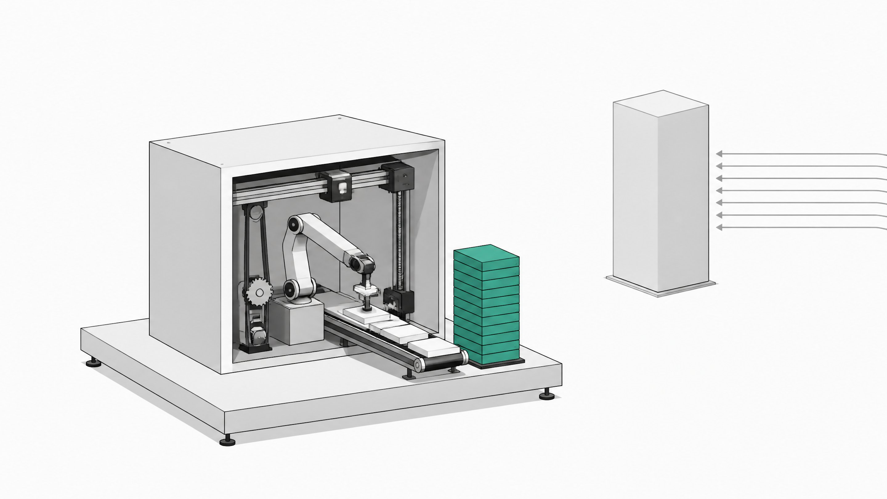 An open automated fabrication cell continuously assembling and stacking identical modules, contrasted with a distant sealed, seamless cabinet fed by an external pipe, illustrating autonomous software generation versus opaque subscription systems.