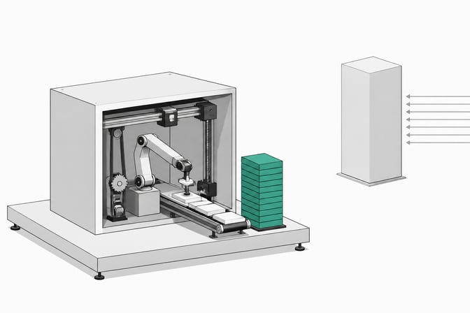 An open automated fabrication cell continuously assembling and stacking identical modules, contrasted with a distant sealed, seamless cabinet fed by an external pipe, illustrating autonomous software generation versus opaque subscription systems.