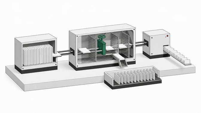 A three-stage hardware pipeline shows uniform code plates passing through a central filtering gate before only the cleared plates exit, illustrating a governance process for screening AI-generated code.