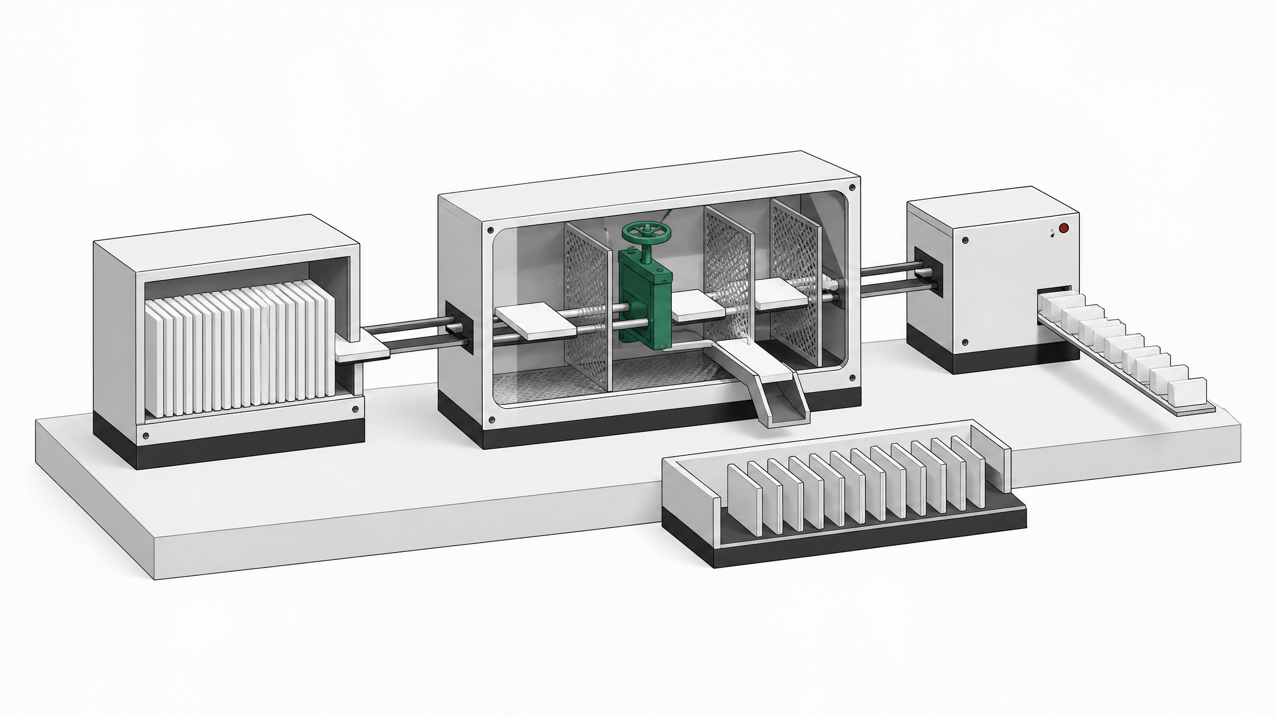 A three-stage hardware pipeline shows uniform code plates passing through a central filtering gate before only the cleared plates exit, illustrating a governance process for screening AI-generated code.