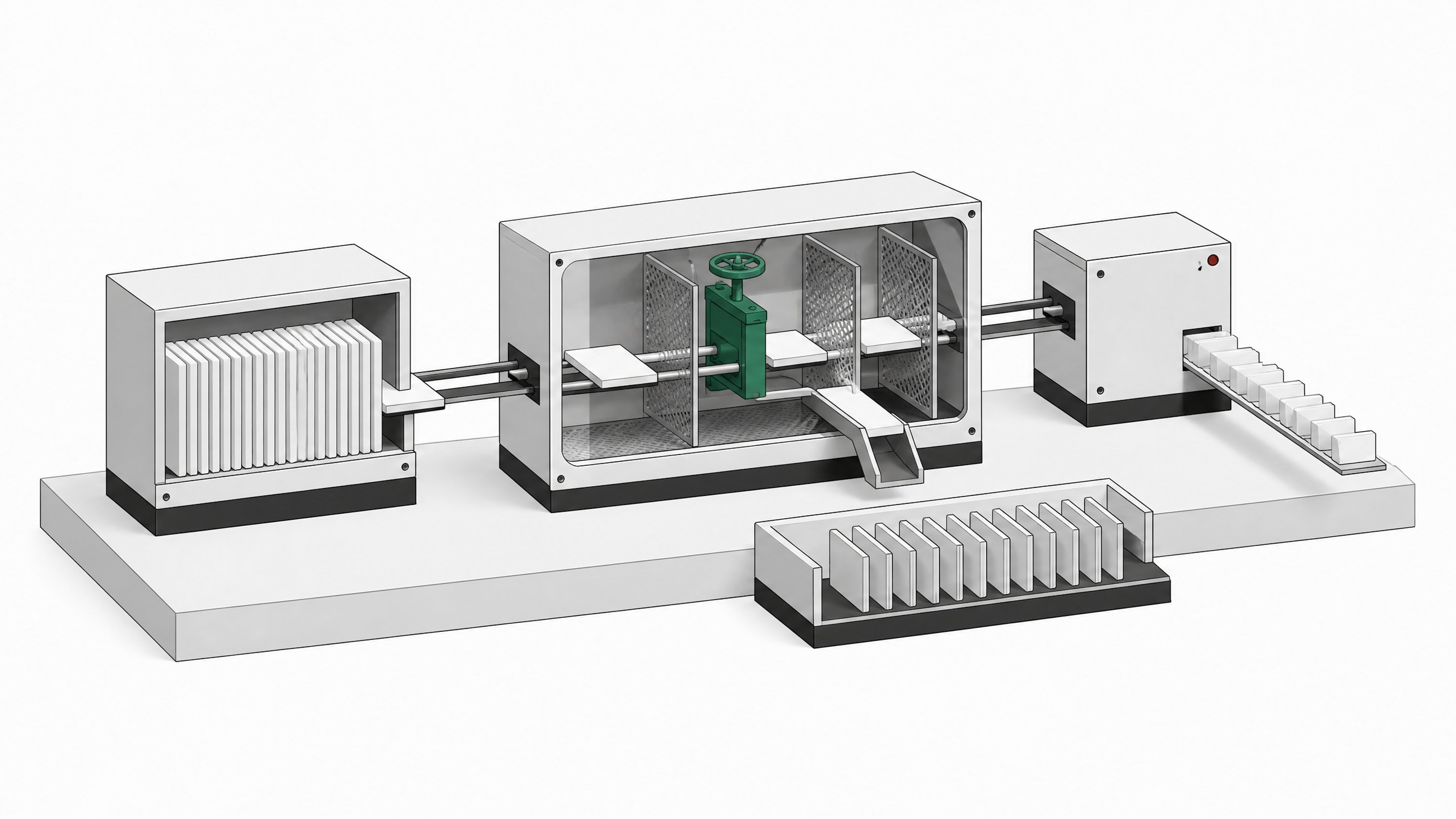 A three-stage hardware pipeline shows uniform code plates passing through a central filtering gate before only the cleared plates exit, illustrating a governance process for screening AI-generated code.