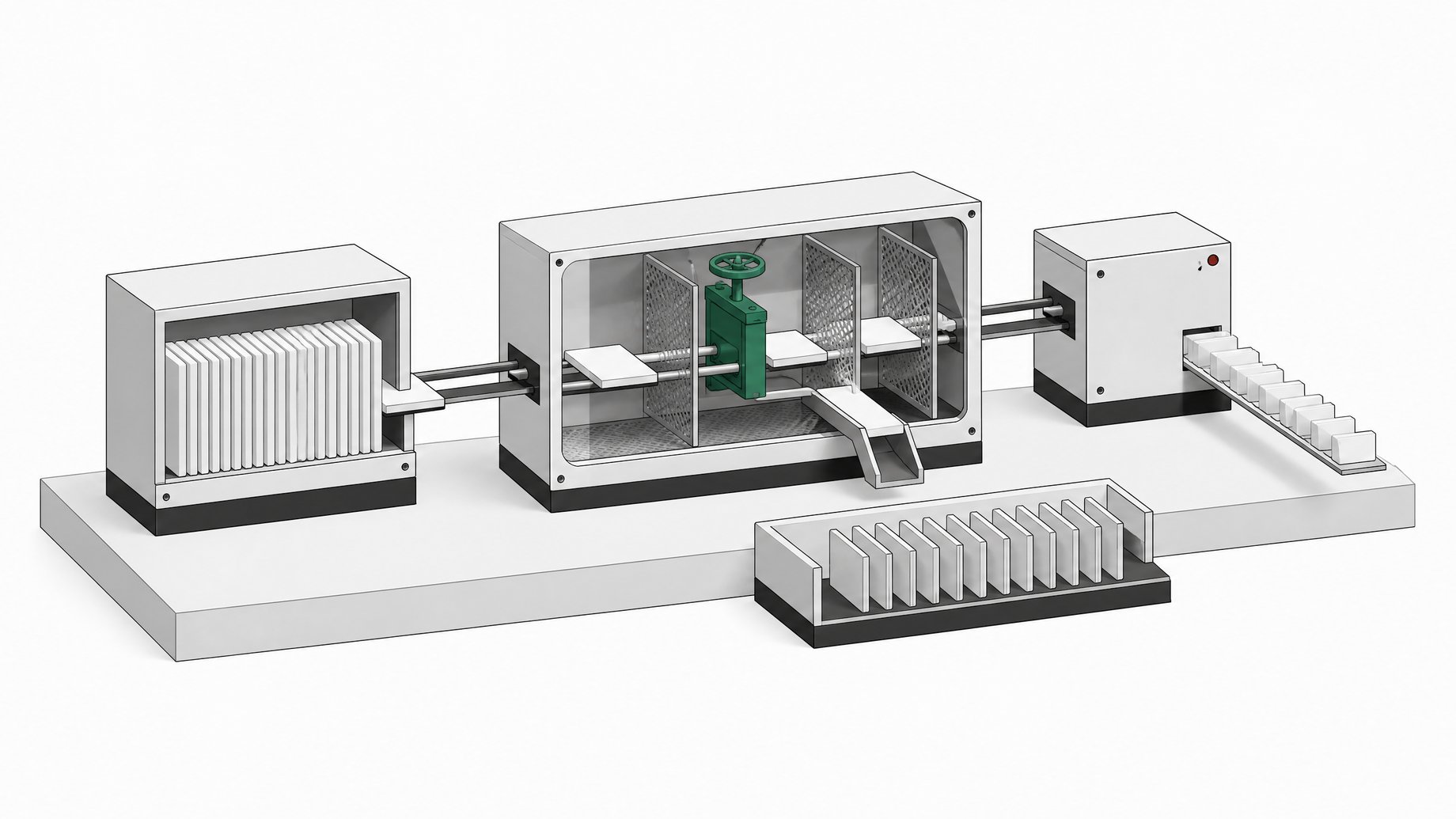 A three-stage hardware pipeline shows uniform code plates passing through a central filtering gate before only the cleared plates exit, illustrating a governance process for screening AI-generated code.